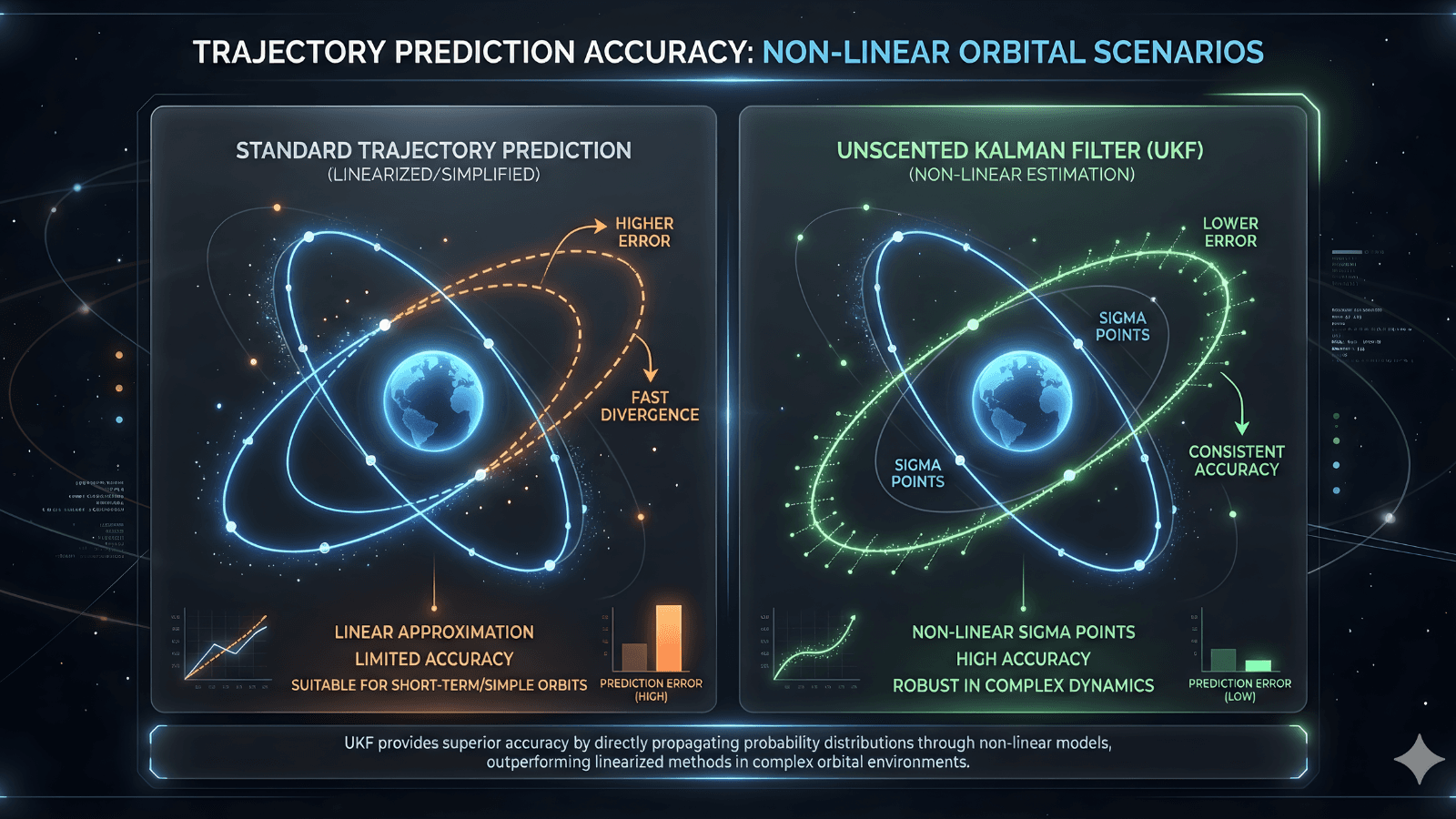 A comparison of standard trajectory prediction versus the Unscented Kalman Filter's accuracy in non-linear orbital scenarios.